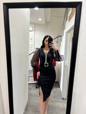 Short black dress with belt sheer slevee