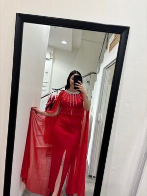 Royal red Roma dress with sheer sleeves studded with rhinestones