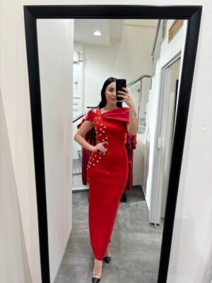 Long red dress with rhinestones