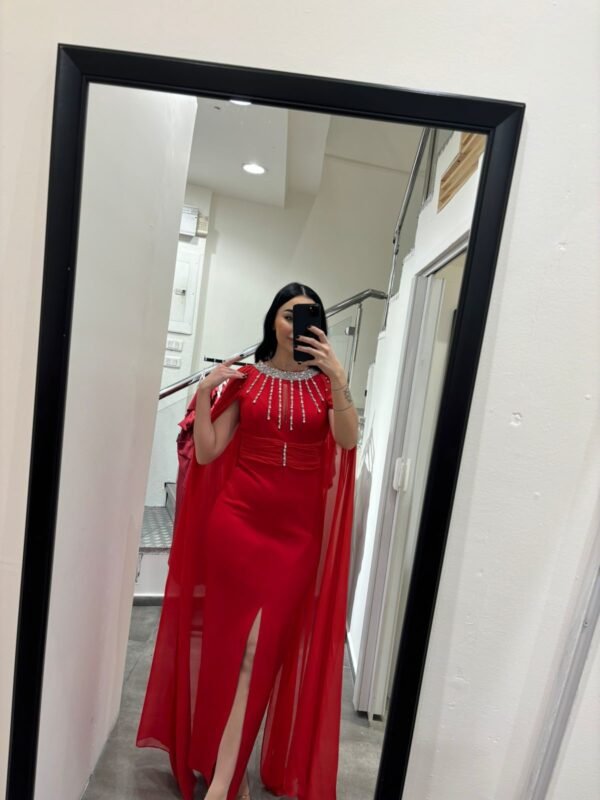 Royal red Roma dress with sheer sleeves studded with rhinestones - Image 2